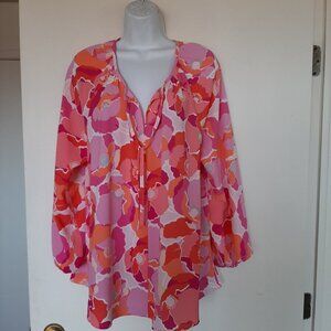 Adyson Parker Pink Floral V-Neck Tunic Top 1X Tie V-Neck Elastic Sleeves